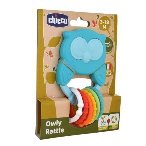 CHICCO Rágóka csörgővel és érzékszervi gyűrűkkel Eco+ Bagoly Owly 3m+
