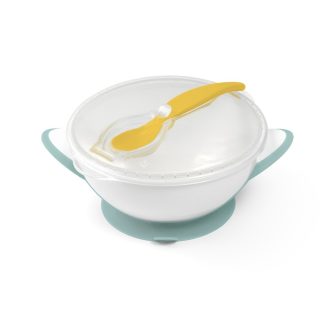   BABYONO Zárható tálka tapadókoronggal és kanállal 300 ml zöld/sárga