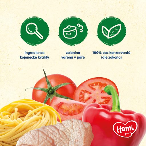 HAMI Makaróny párolt sertéshússal, paradicsommal és paprikával (250 g) - hús-zöldség köret