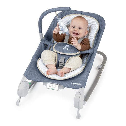 INGENUITY Rezgő masszázs pihenőszék dallamokkal Happy Belly™ Rock-to-Bounce – Chambray 0hó+  9kg-ig
