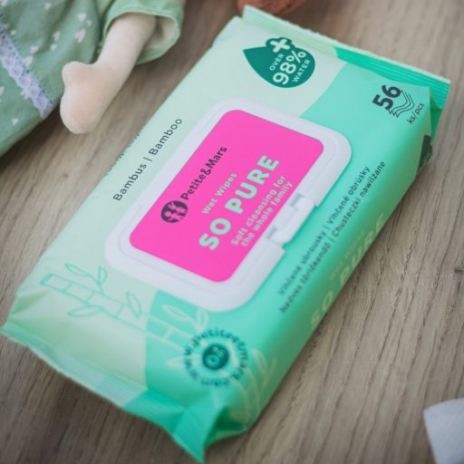 4x PETITE&MARS Nedves törlőkendő SO PURE bambusz, biológiailag lebomló, 56 db
