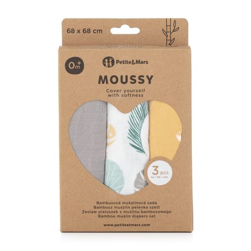 PETITE&MARS Bambusz muszlin 3db-os pelenka szett Moussy Ochre Leaves, 68 x 68 cm
