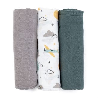   PETITE&MARS Bambusz muszlin 3db-os pelenka szett Moussy Grey Planes, 68 x 68 cm