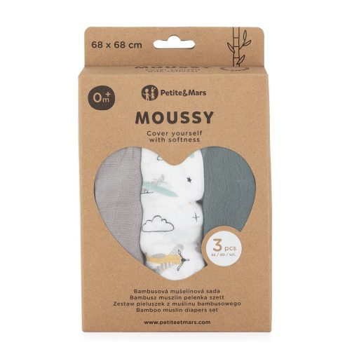 PETITE&MARS Bambusz muszlin 3db-os pelenka szett Moussy Grey Planes, 68 x 68 cm