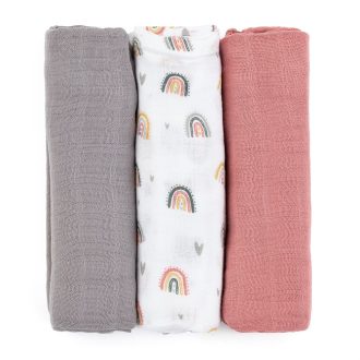   PETITE&MARS Bambusz muszlin 3db-os pelenka szett Moussy Rose Rainbows, 68 x 68 cm