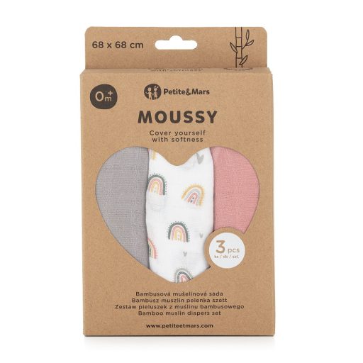 PETITE&MARS Bambusz muszlin 3db-os pelenka szett Moussy Rose Rainbows, 68 x 68 cm