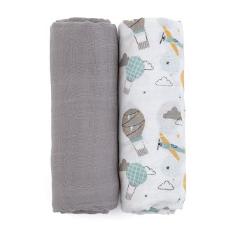   PETITE&MARS Bambusz muszlin 2db-os pelenka szett Misty Grey Planes, 120 x 120 cm