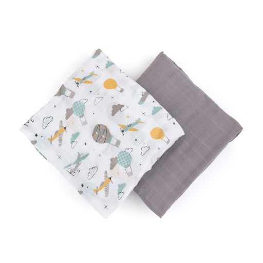 PETITE&MARS Bambusz muszlin 2db-os pelenka szett Misty Grey Planes, 120 x 120 cm