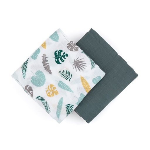 PETITE&MARS Bambusz muszlin 2db-os pelenka-takaró szett Misty Green Leaves, 120 x 120 cm