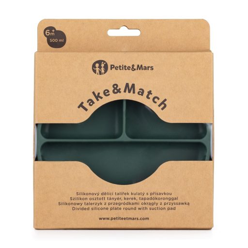 PETITE&MARS Szilikon osztott tányér, kerek Take&Match Misty Green 6m+