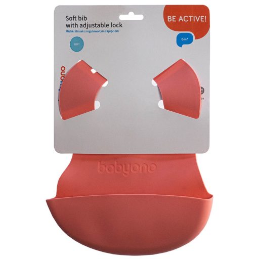 BABYONO Puha műanyag előke zsebbel BPA mentes coral 6hó+
