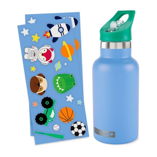 SKIP HOP Fľaša s nálepkami so slamkovým náustkom nerezová modrá 380 ml, 4r+
