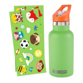   SKIP HOP Fľaša s nálepkami so slamkovým náustkom nerezová zelená 380 ml, 4r+