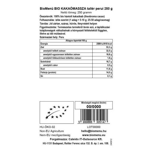 BioMenü BIO KAKAÓMASSZA tallér perui 250 g