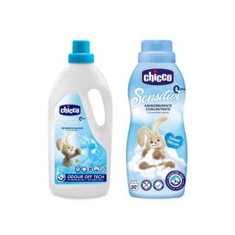   CHICCO Gyermekmosószer Sensitive 1,5 l + Öblítő konc. Édes Púder 750 ml