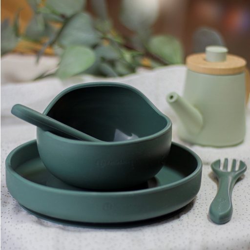 PETITE&MARS Szilikon 2 részes étkészlet TAKE&MATCH  tál + evőeszközök Misty Green 6hó+