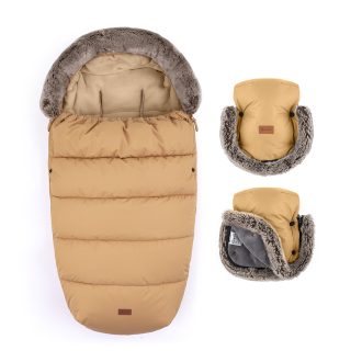   PETITE&MARS Téli szett Comfy 4in1 bundazsák + kézmelegítő kesztyű babakocsira Furry Elegant Caramel